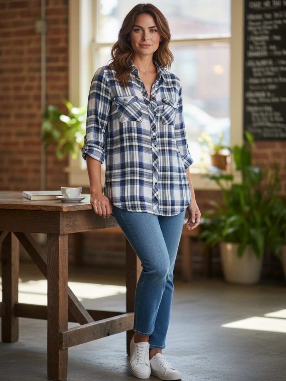 NWOT Hester & Orchard Plaid Button Front Roll Up Tabbed Sleeve Shirt Size M